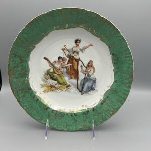 Vtg Unmarked Green Transferware Porcelain Heavenly Choir Decorative Plate Bowl